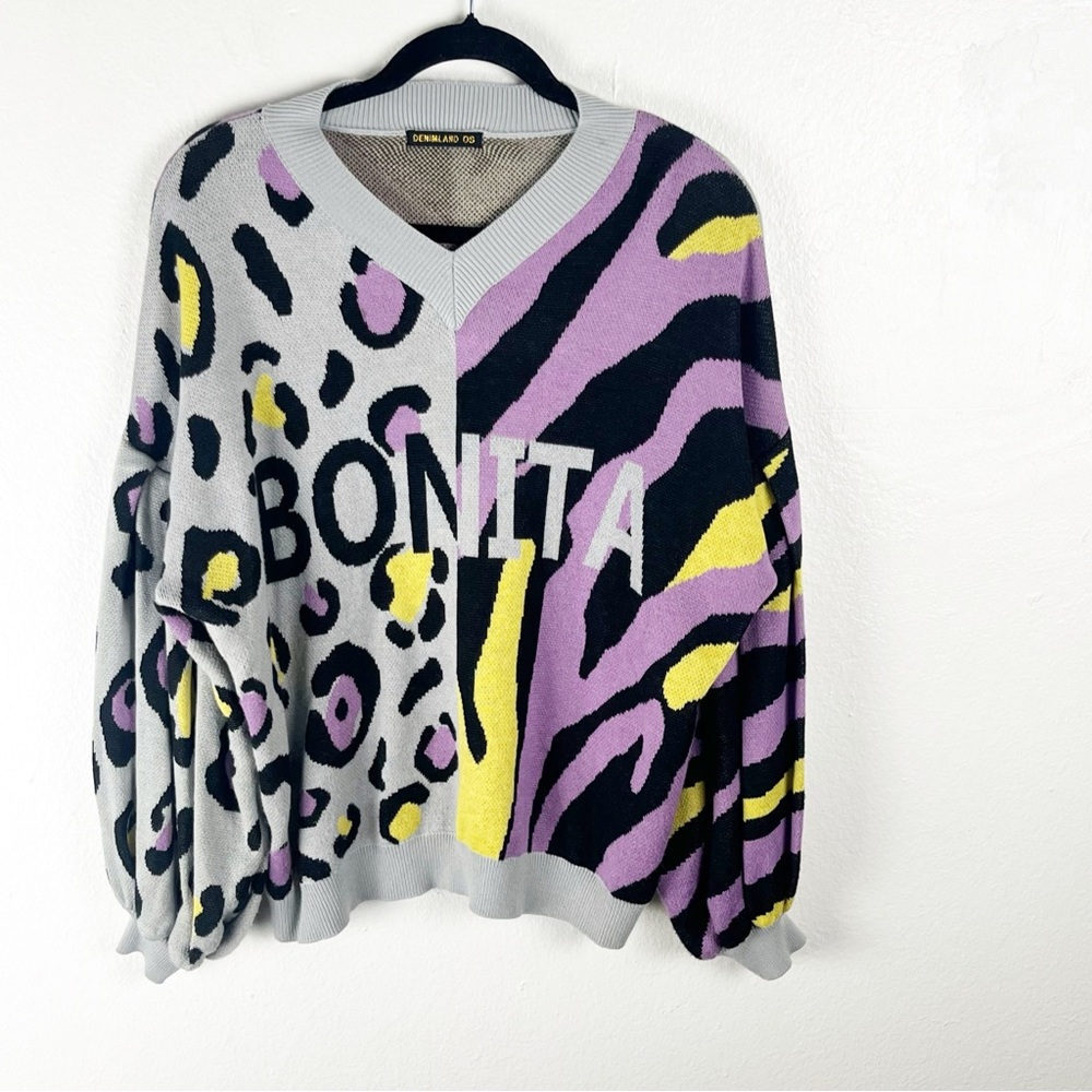 DENIMLAND Bonita Animal Print Dropped Shoulders Balloon Sleeves Sweater One Size